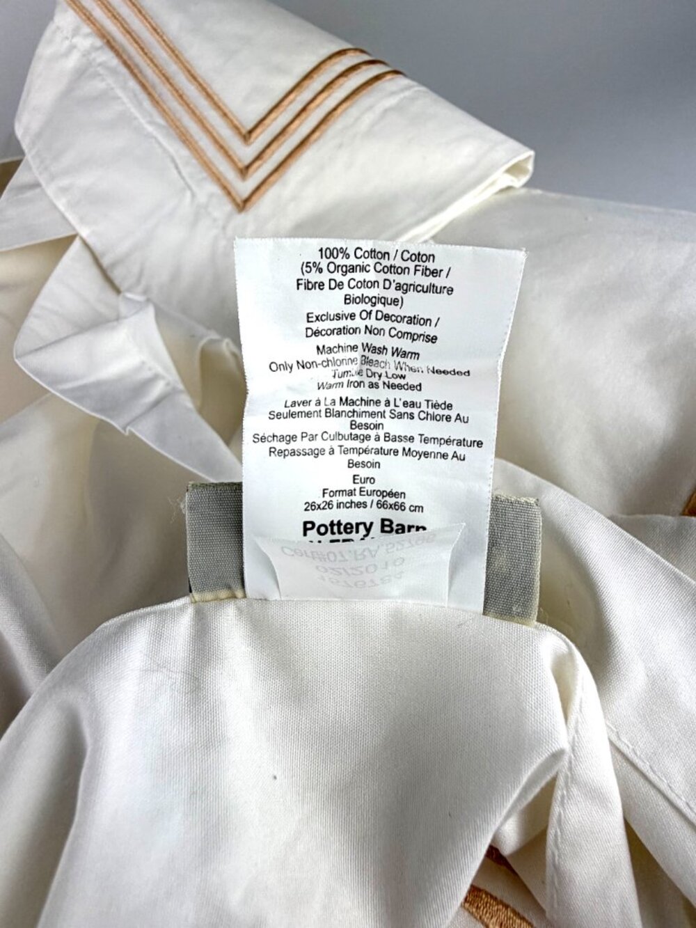 POTTERY BARN White Cotton Euro Pillow Sham Gold Embroidered Frame Trim - Picture 8 of 9